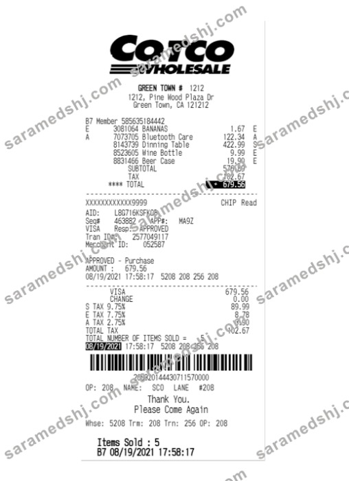 COTCO WHOLESALE payment receipt